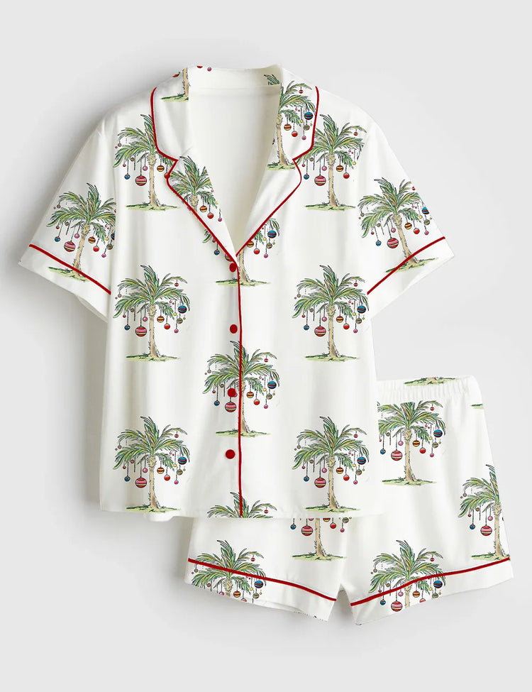Men’s Tropical Christmas Aloha Holiday Beach Santa In July Hawaiian Print Short Sleeve Satin Pajama Set
