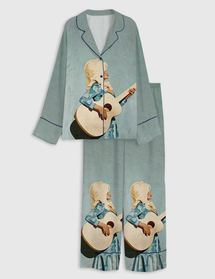 Women's Soft Blue Dolly Guitar Street Art Print Long Sleeve Silky Satin Pajama Set