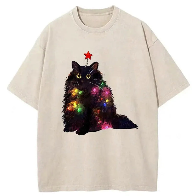 Christmas Lights Cat Washed Unisex T-Shirt