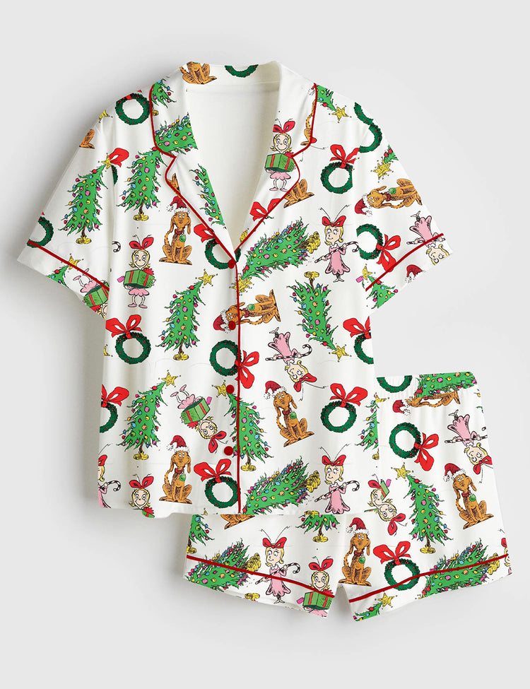 Women’s Christmas Grinch You're A Mean One Short Sleeve Silky Satin Pajama Set