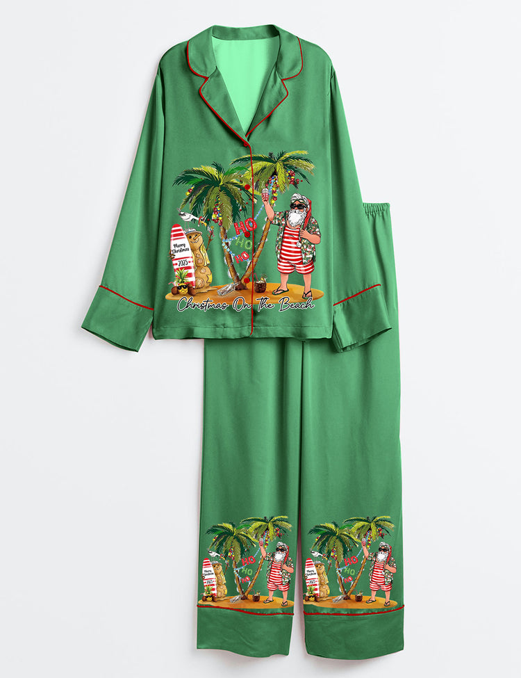 Women’s Tropical Christmas Beach Hawaiian Xmas Santa HoHoHo Long Sleeve Satin Family Pajama Set