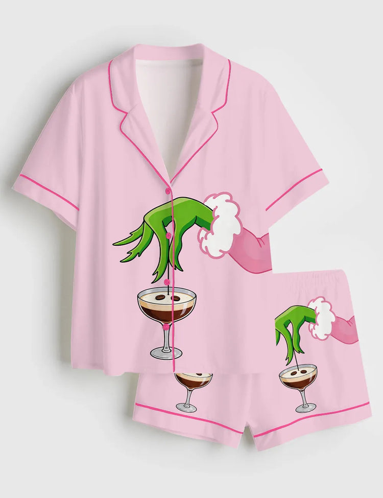 Women’s Pink Christmas Grinch Espresso Martini Cocktail Short Sleeve Silky Satin Pajama Set