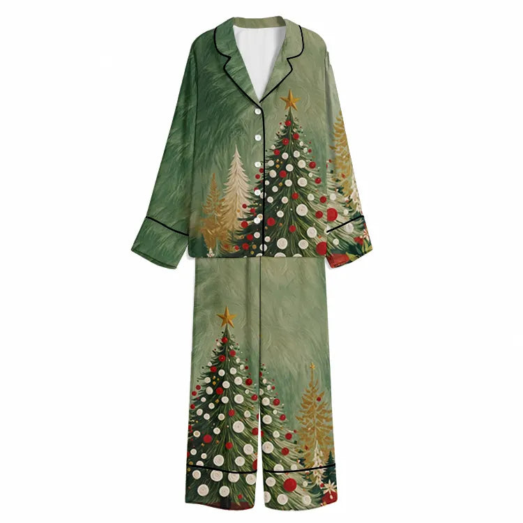 Christmas Enchanted Woodland Tree Green Unisex Long Sleeve Silky Satin Pajama Set