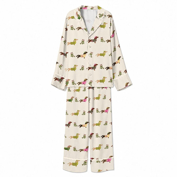 Christmas Sweater Dachshunds and Holly Ivory Unisex Long Sleeve Silky Satin Pajama Set