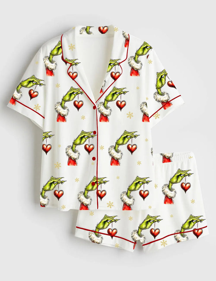 Women’s Retro Christmas Characters Vintage Grinch Holding Hearts Short Sleeve Satin Pajama Set