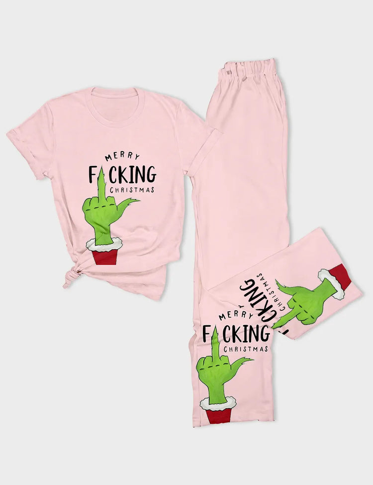 Women's Merry Grinch Pink Christmas Short Sleeve Cotton T-Shirt Pajama Set