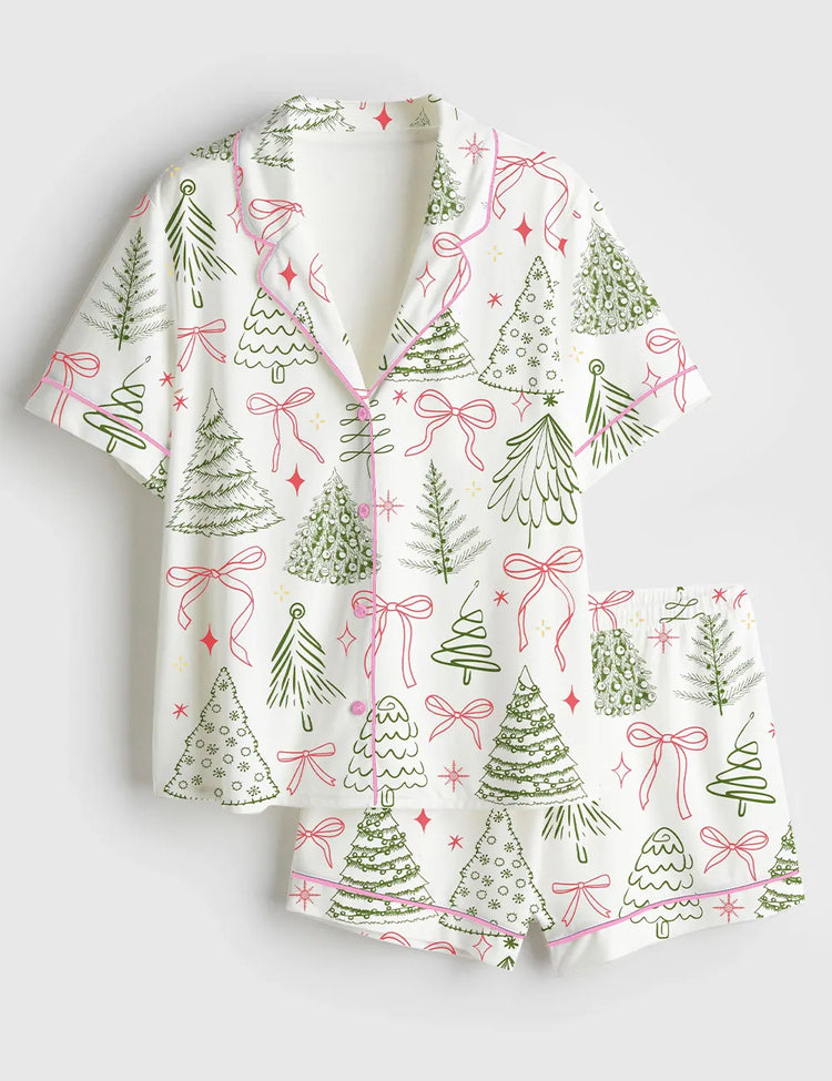 Women’s Preppy Christmas Tree Vintage Coquette Bow Short Sleeve Satin Pajama Set