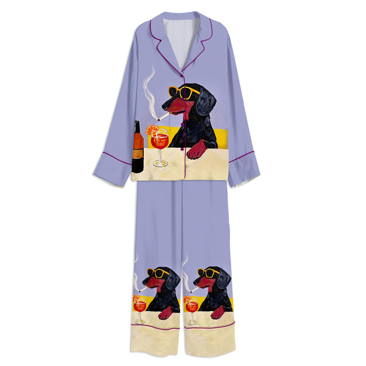 Funny Cool Dog Dachshund Aperol Spritz Art Print Unisex Long Sleeve Silky Satin Pajama Set