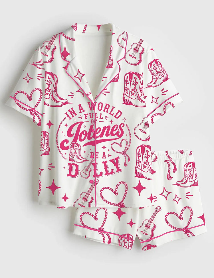 Women's In A World Full Of Jolenes Be A Dolly Western Cowgirl Art Short Sleeve Silky Satin Pajama Set