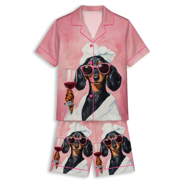 Dachshund Wine Bathroom Dog Art Unisex Short Sleeve Satin Pajama Set
