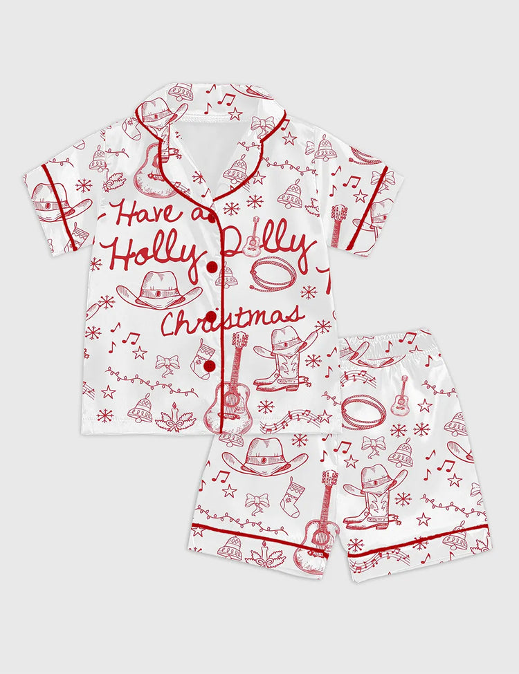 Kid's Have A Holly Dolly Christmas Retro Country Music Holiday Short Sleeve Satin Pajama Set