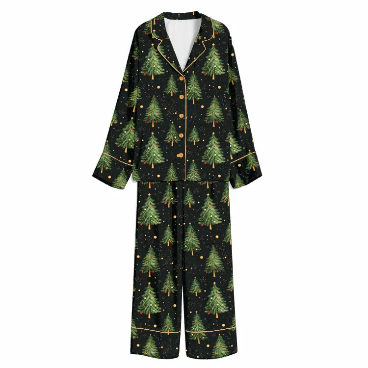 Christmas Midnight Evergreen Forest Black Unisex Long Sleeve Silky Satin Pajama Set