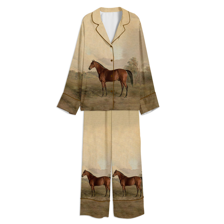 Vintage Horse Antique Equestrian Painting Unisex Long Sleeve Silky Satin Pajama Set