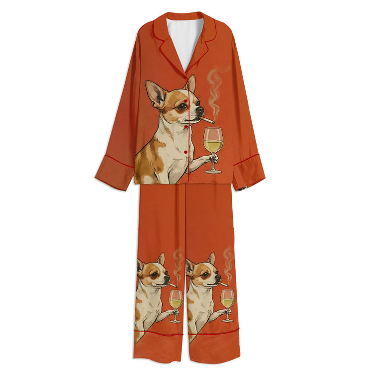 Chihuahua Smoking A Cigarette And Drinking Pinot Grigio Unisex Long Sleeve Satin Pajama Set