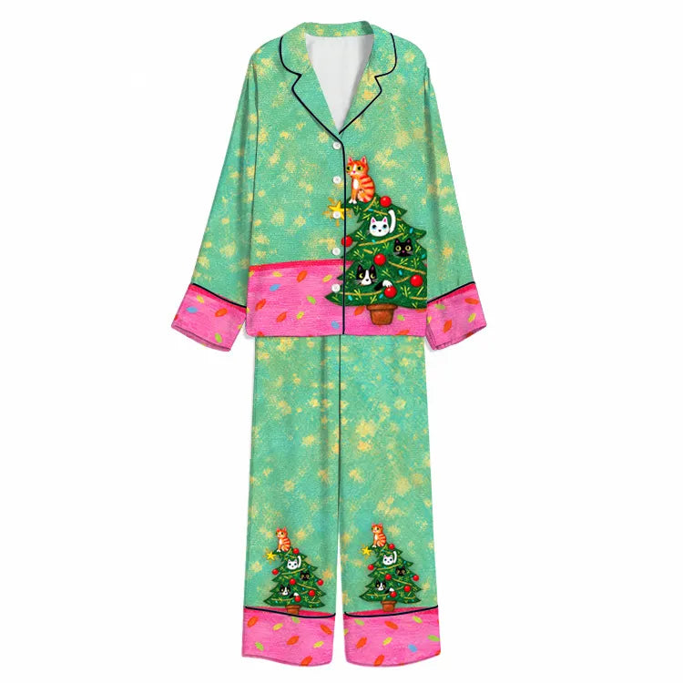 Christmas Playful Cats in the Tree Mint Unisex Long Sleeve Silky Satin Pajama Set