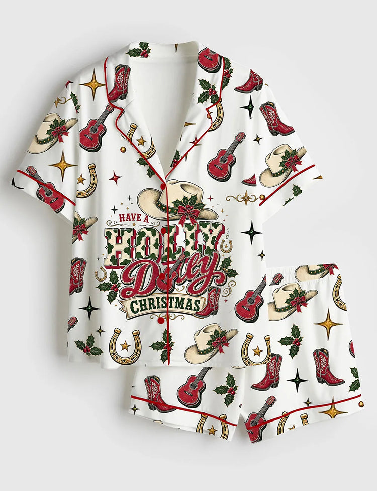 Women's Holly Dolly Christmas Western Cowgirl Art Short Sleeve Silky Satin Pajama Set