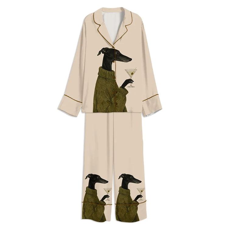 Greyhound Martini Dog Cocktail Stylish Black Dog Unisex Long Sleeve Silky Satin Pajama Set