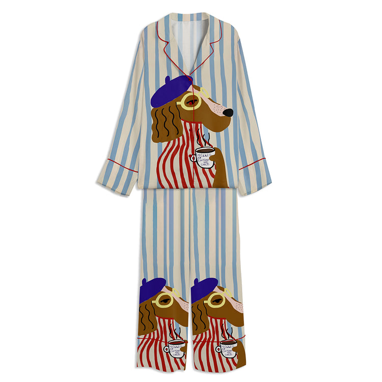 Funny Dog Coffee Unisex Long Sleeve Silky Satin Pajama Set
