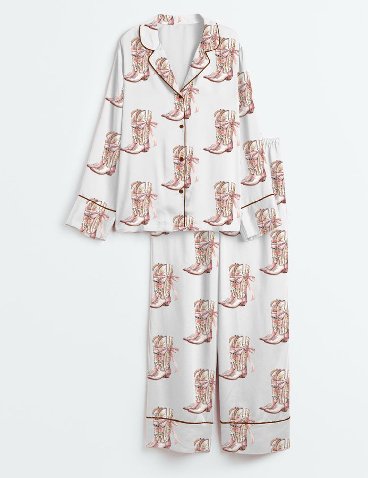 Women's Dolly Western Cowgirl Coquette Retro Music Icon Long Sleeve Silky Satin Pajama Set