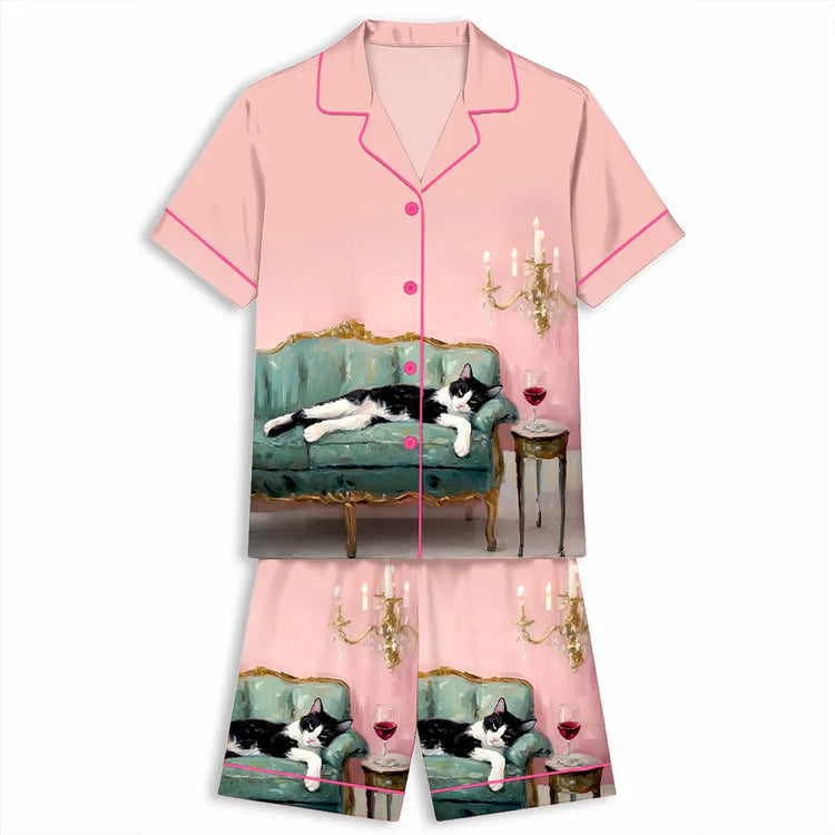 Cat With Red Wine Unisex Short Sleeve Satin Pajama Set