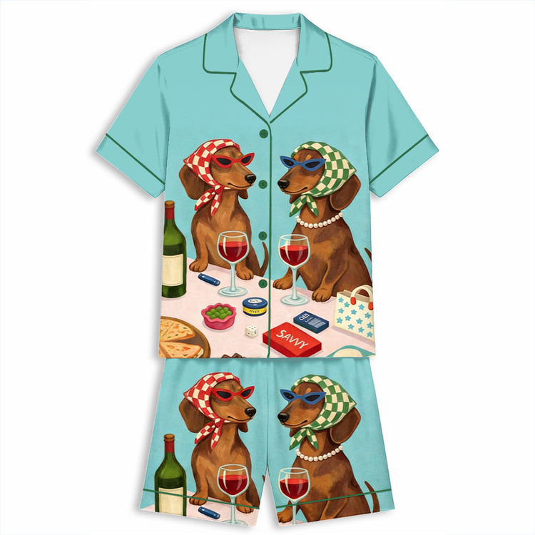 Funny Dachshund Dog Wine Unisex Short Sleeve Satin Pajama Set