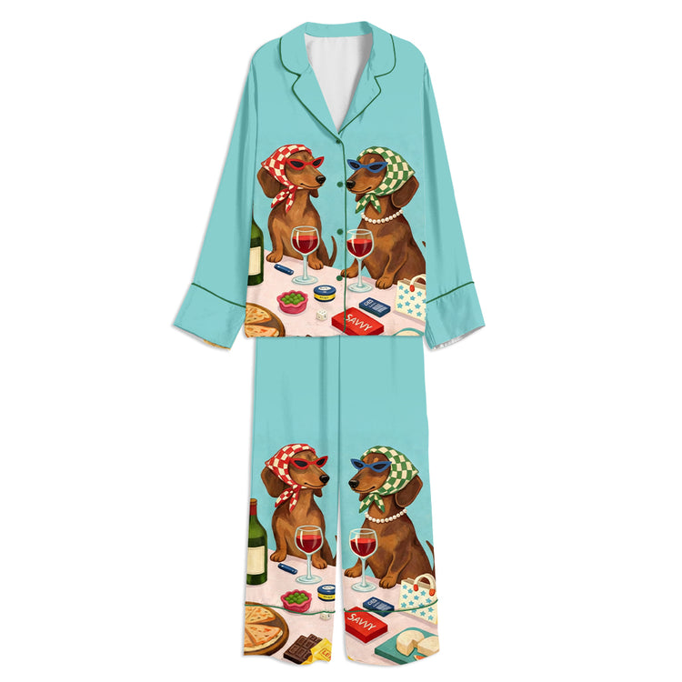 Funny Dachshund Dog Wine Unisex Long Sleeve Satin Pajama Set