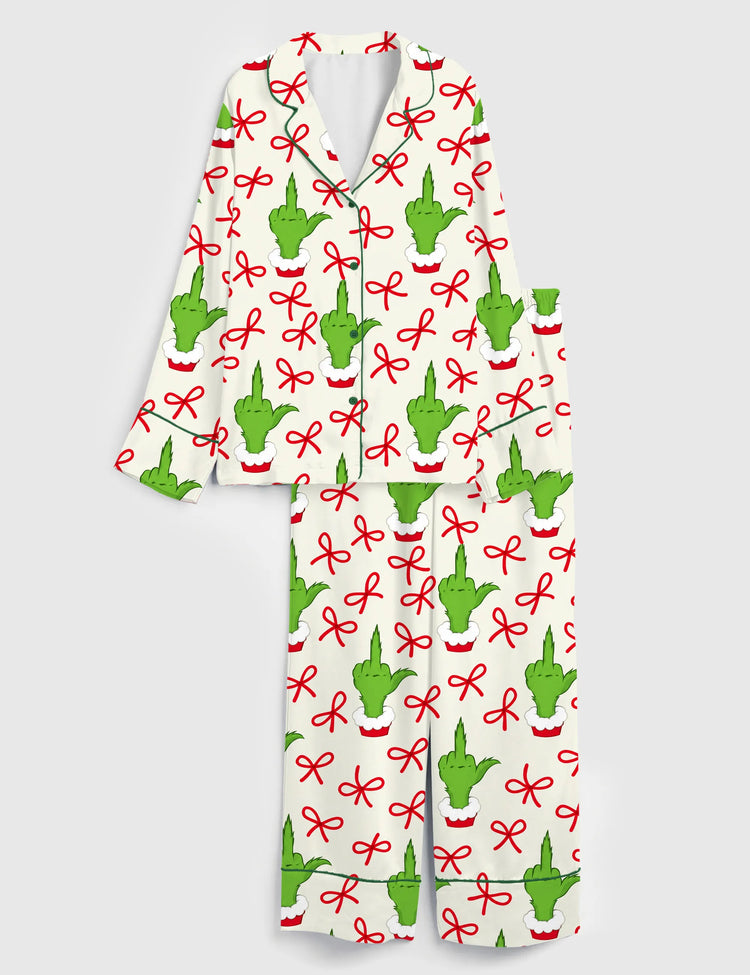 Women’s Christmas Grinch Middle Finger Red Bow Long Sleeve Silky Satin Pajama Set