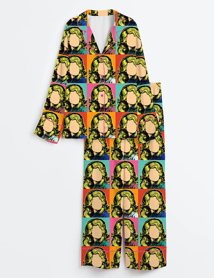 Women's Dolly Queen Of Country Pop Art Long Sleeve Silky Satin Pajama Set