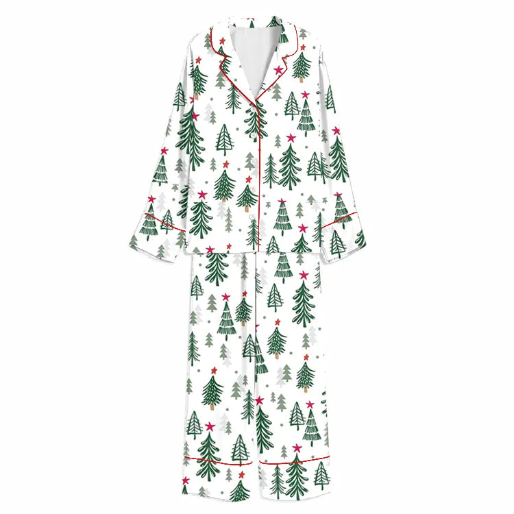 Christmas Scandinavian Pine Forest White Unisex Long Sleeve Silky Satin Pajama Set