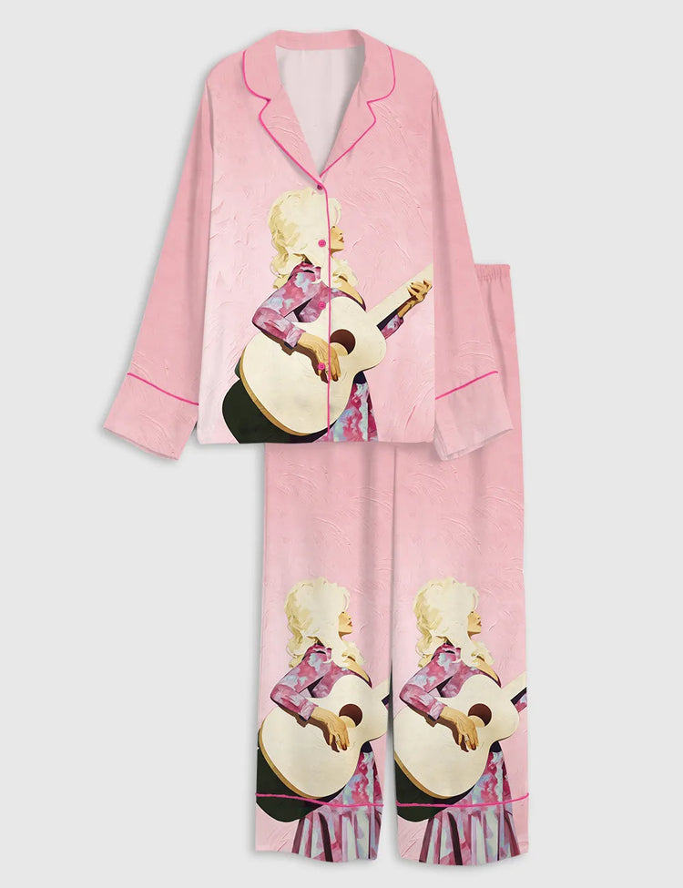 Women’s Dolly Guitar Street Art Long Sleeve Silky Satin Pajama Set