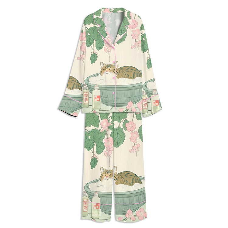 Tabby Cat In Bathtub Ukiyo-e Style Unisex Long Sleeve Satin Pajama Set