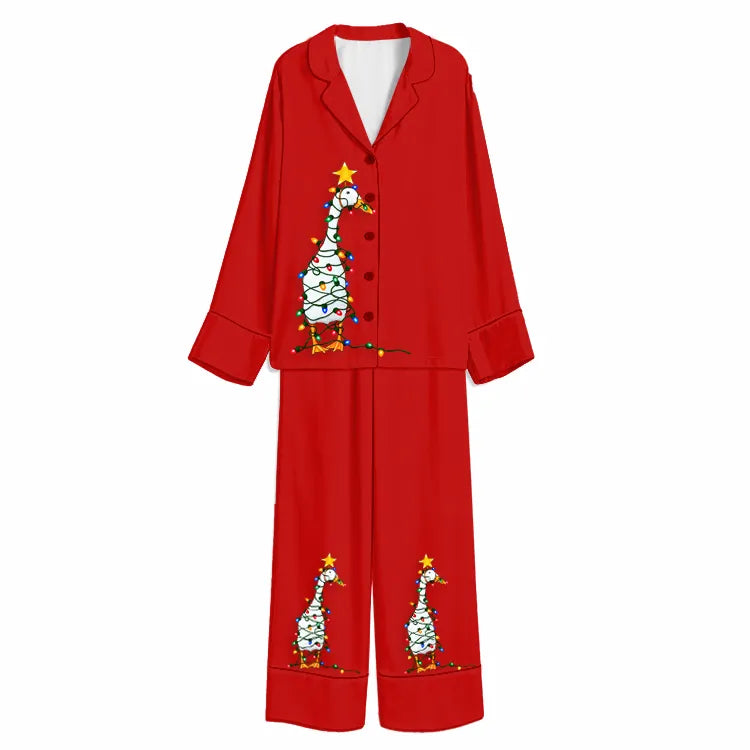 Christmas Lights Goose Tree Red Unisex Long Sleeve Silky Satin Pajama Set