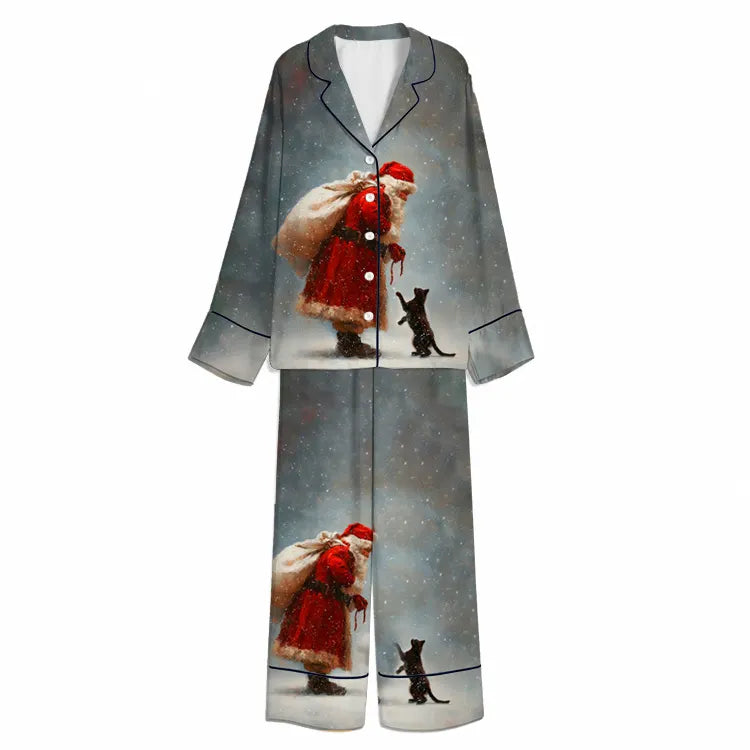 Christmas Santa’s Snowy Black Cat Encounter Blue Unisex Long Sleeve Silky Satin Pajama Set