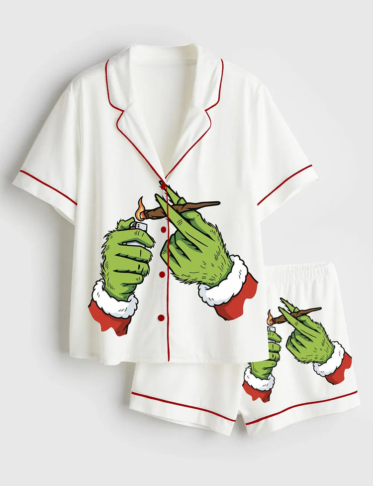 Women’s Grinch Hands Smoking Funny Christmas Short Sleeve Satin Pajama Set