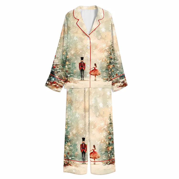 Christmas Nutcracker Ballerina Snowfall Cream Unisex Long Sleeve Silky Satin Pajama Set