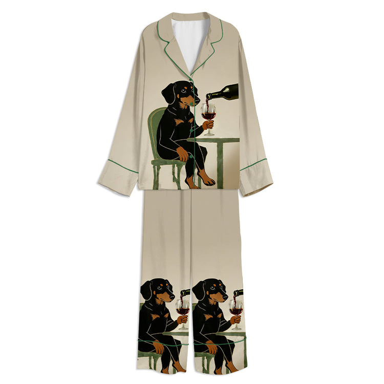 Dachshund Dog With Wine Glass Unisex Long Sleeve Satin Pajama Set