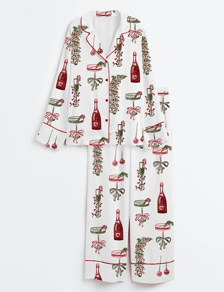 Women’s Christmas Champagne Ho Ho Ho Pass the Bubbly Festive Cocktail Art Long Sleeve Silky Satin Pajama Set