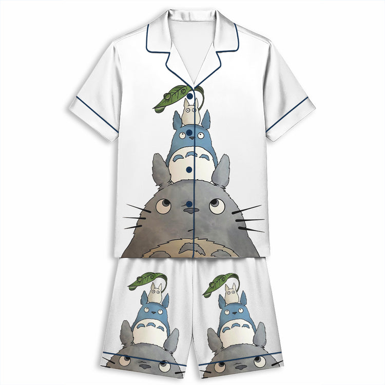 Totoro Studio Ghibli Print Japanese Anime Unisex Short Sleeve Satin Pajama Set