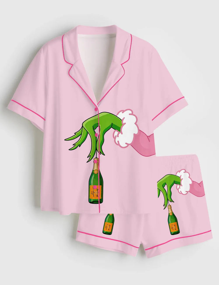 Women’s Pink Christmas Grinch With Champagne Wine Short Sleeve Silky Satin Pajama Set