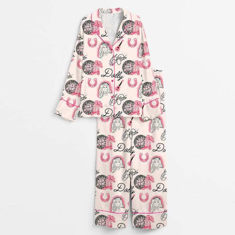 Women's Dolly Rip Country Music Long Sleeve Silky Satin Pajama Set
