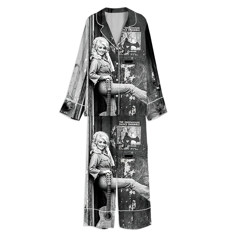 Women's Dolly Rip Nashville Western Country Music Long Sleeve Silky Satin Pajama Set