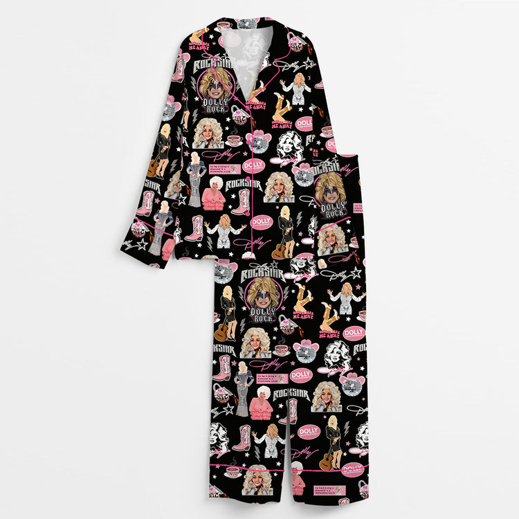 Women's In Loving Memory Dolly Country Music Legend Long Sleeve Silky Satin Pajama Set