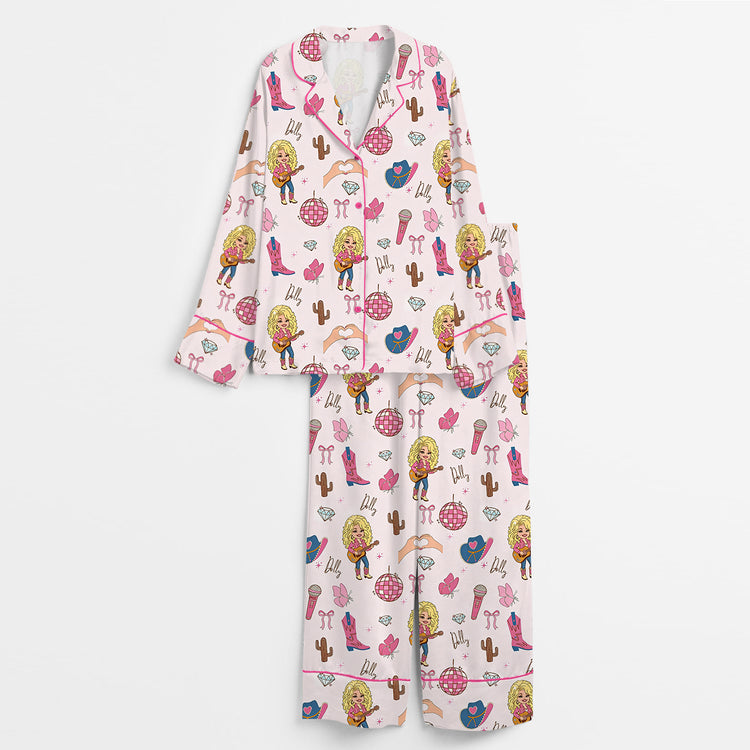 Women's In Loving Memory Dolly Western Country Music Rip Long Sleeve Silky Satin Pajama Set