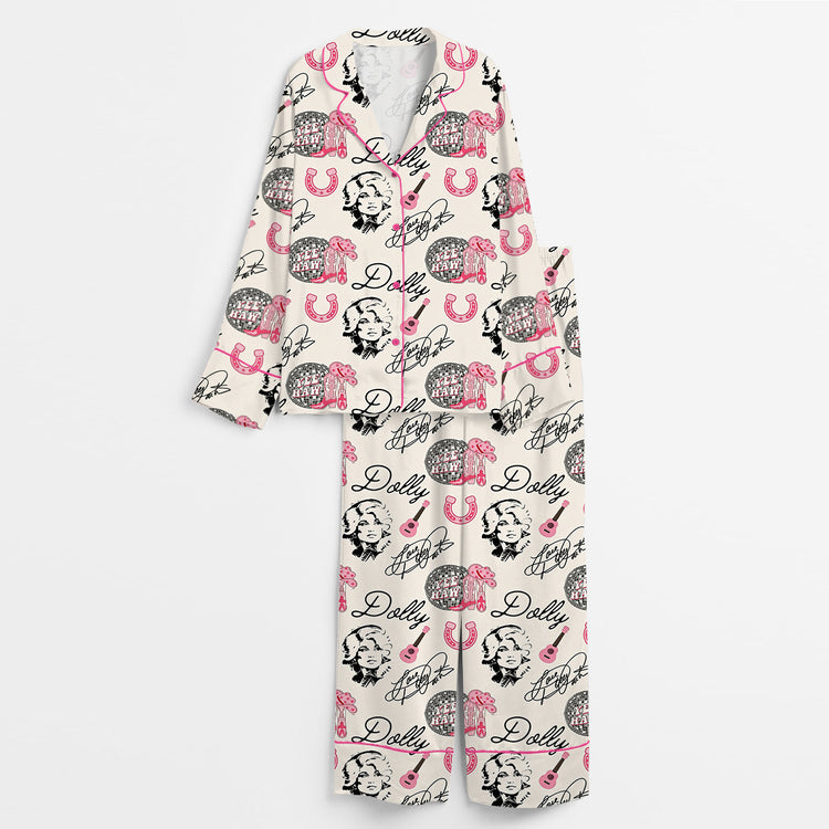 Women's In Loving Memory Dolly Country Music Legend Tribute Long Sleeve Silky Satin Pajama Set