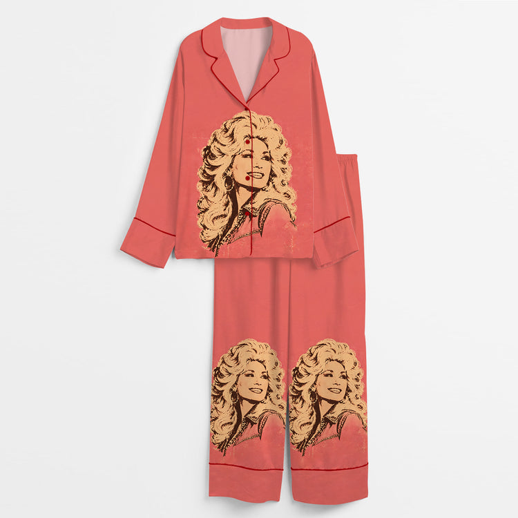 Women's Dolly RIP Country Music Long Sleeve Silky Satin Pajama Set