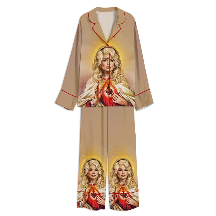 Women's Saint Dolly RIP 90s Country Music Long Sleeve Silky Satin Pajama Set