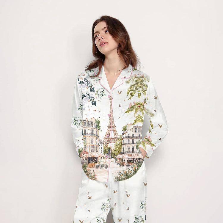 Women’s Watercolor Eiffel Tower Paris Street Scene Long Sleeve Silky Satin Pajama Set front view