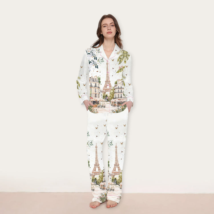 
                    
                      Women’s Watercolor Eiffel Tower Paris Street Scene Long Sleeve Silky Satin Pajama Set alternate view
                    
                  