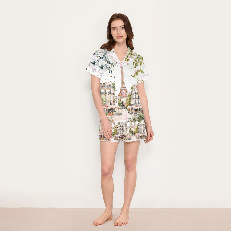 
                    
                      Women’s Watercolor Eiffel Tower Paris Street Scene Short Sleeve Silky Satin Pajama Set alternate view
                    
                  