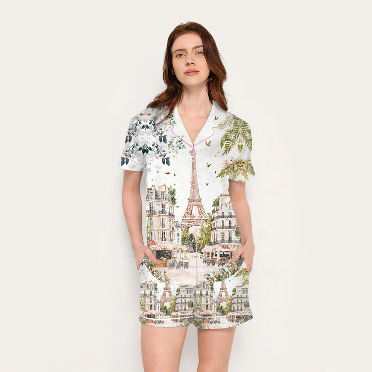 Women’s Watercolor Eiffel Tower Paris Street Scene Short Sleeve Silky Satin Pajama Set front view